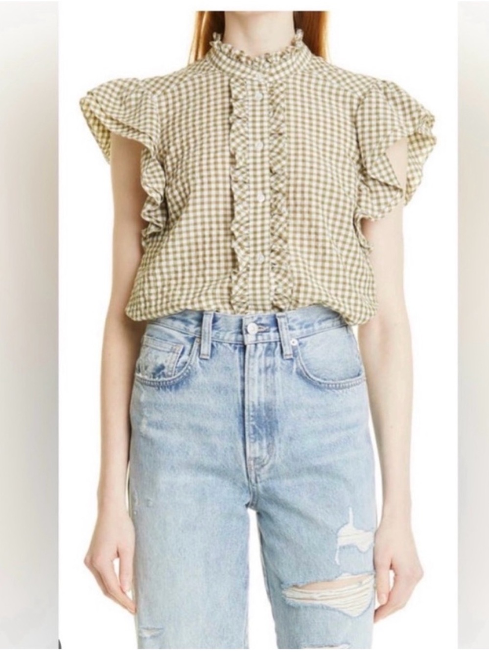 Veronica Beard Olive and White Gingham Ruffle Button-Up Top
